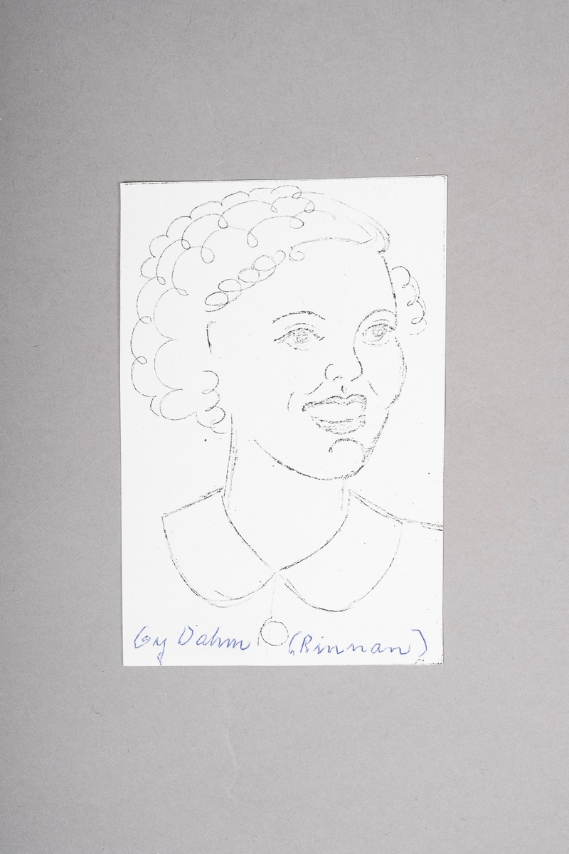 Kopi av portrett-tegning av Gry Dahm (Rinnan). Portrettet (originalen) er tegnet med blyant eller penn, og er i svart-hvitt.