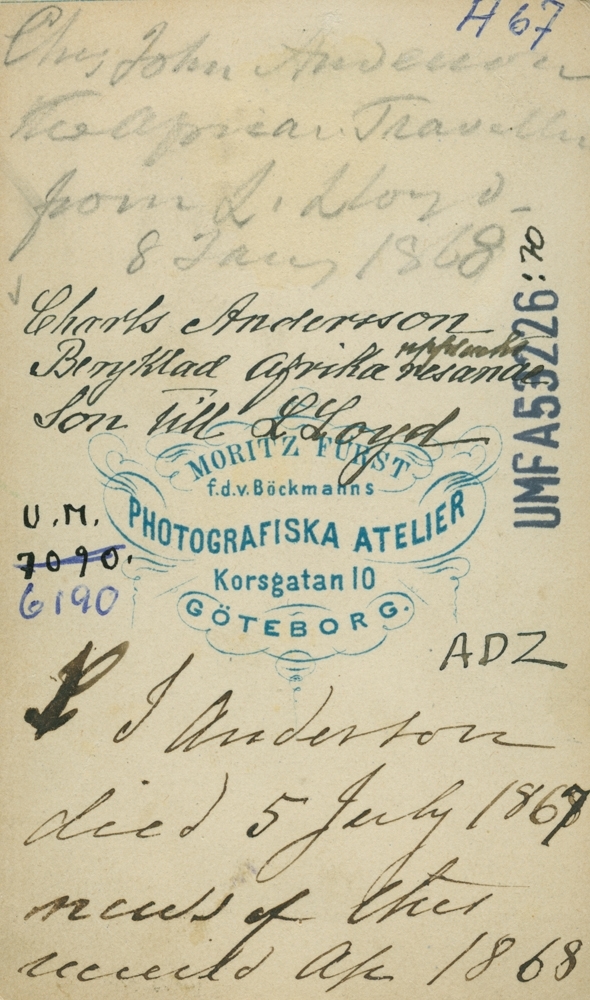 "Charles John Andersson Beryktad afrikaresande" antecknat på kortets baksida