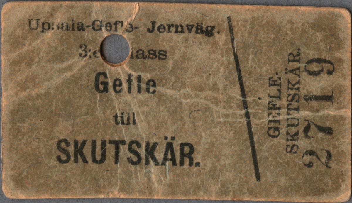 Grön Edmonsonsk biljett med tryckt text i svart:
"Upsala-Gefle Jernväg
3:e Klass Gefle till SKUTSKÄR".
Texten är tryckt på långsidan och ett snett streck delar biljetten till höger, där sträckan och biljettnumret "2719" är tryckt på kortsidan. Det finns ett hål efter en biljettång och på baksidan är datumet "18.6.93" präglat i överkant.

Historik: När Uppsala-Margretehill Järnvägsaktiebolag bildades 1870 var den tänkta slutstationen Margretehill, som var det tidigare namnet på Forsbacka. Sträckningen blev emellertid Uppsala-Gävle och på samtliga fordon stod järnvägsbolagets namn, Uppsala-Gävle Järnväg, vilket kom att bli aktiebolagets namn från och med 1913. 
Källa: historiskt.nu, 2017-03-09.