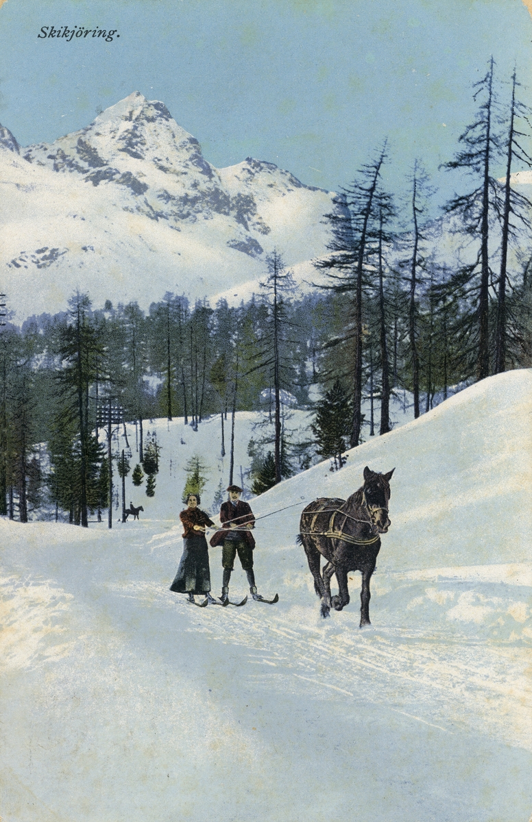 Postkort. Det håndkolorerte fotografiet på kortets fremside viser en mann og en kvinne som snørekjører etter en hest i vinterlandskap. Snørekjøring etter hest ble drevet som sport omkring 1900.
