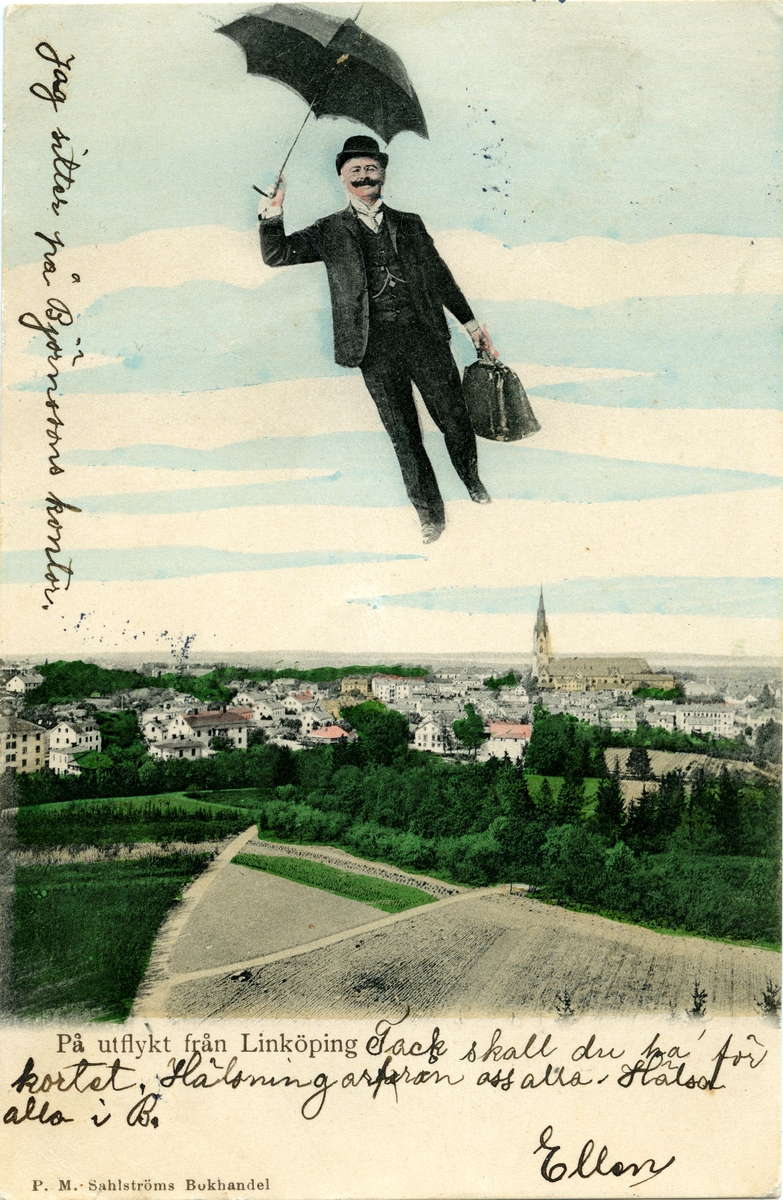 Vykort från Linköping. Färgtryck.
Motiv: stadsvy centrala Linköping med omgivning, flygande välklädd man med paraply.
Utgiven av P. M. Sahlströms Bokhandel.
Poststämplat 1904 och 1906.