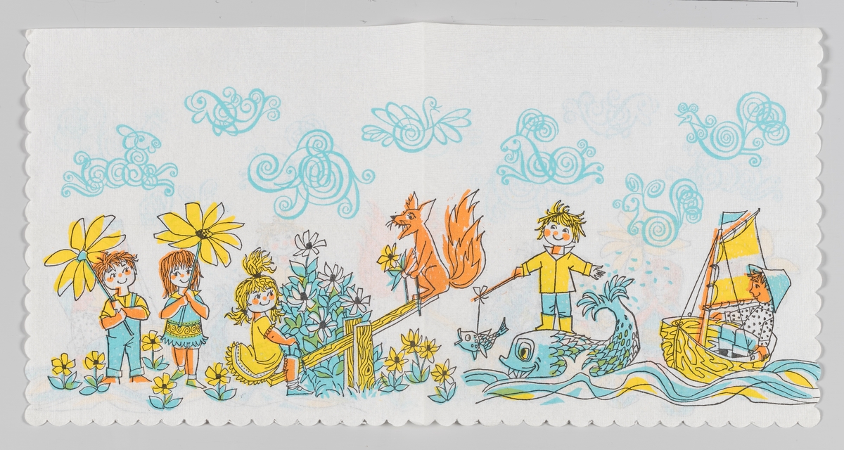 En jente og en gutt som står med to digre blomster. En jente og en rev på en vippe. En gutt som står på en står fisk med en liten fisk på en stang. en gutt som sitter i en seilbål. På himmelen forskjellige dyrefigurer.