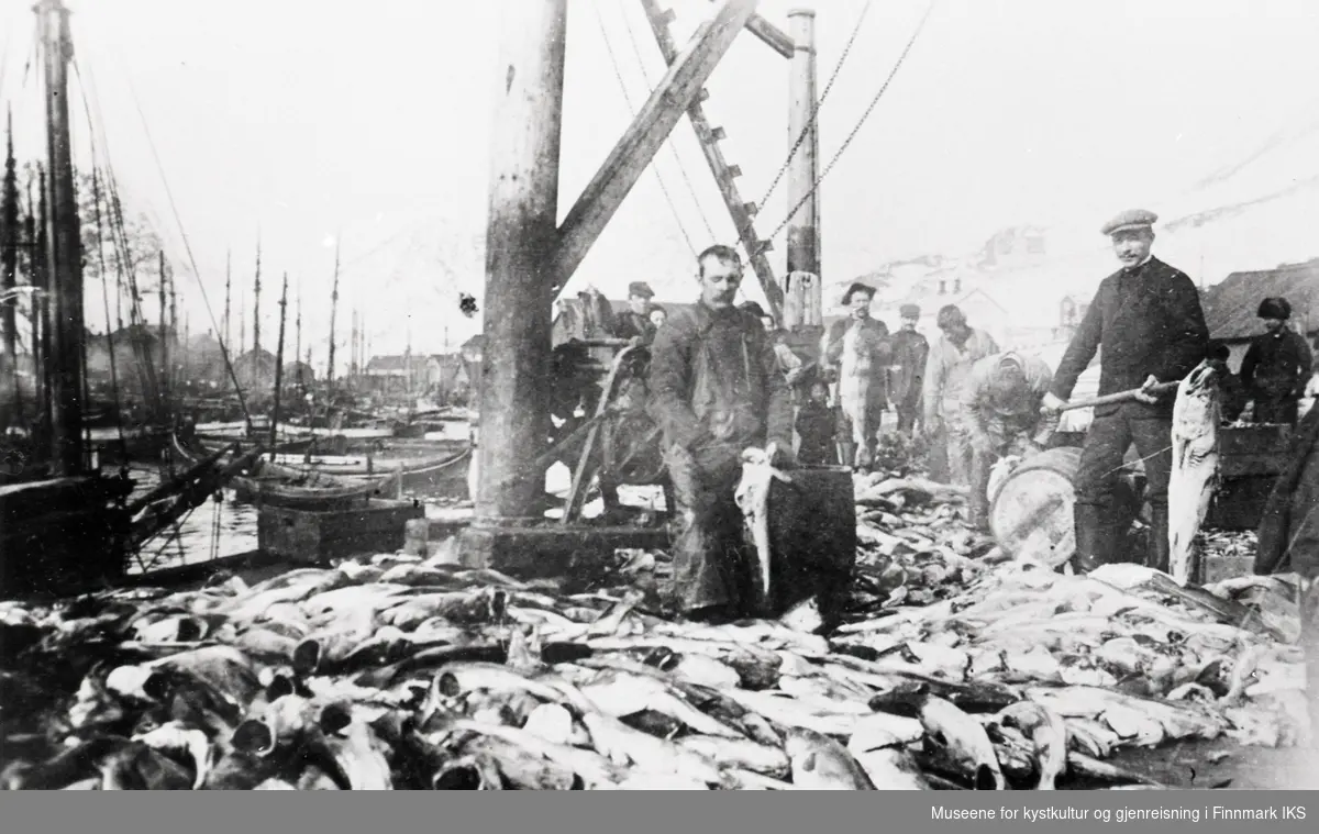 Honningsvåg. Fiskere jobber på kaia. Omkring 1916.