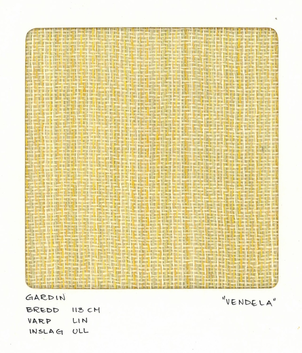 Pärm med vävprover till gardiner.
Gardin "Vendela" gul
Formgivare:
Kerstin Butler 1961-1969