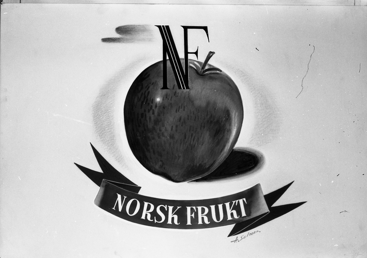 Avfotografert tegning av det som kan ha vært en logo for promotering av norsk frukt.