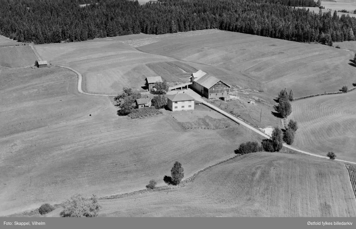 Skråfoto av gården Haugland i Rakkestad, 29. juli 1951.