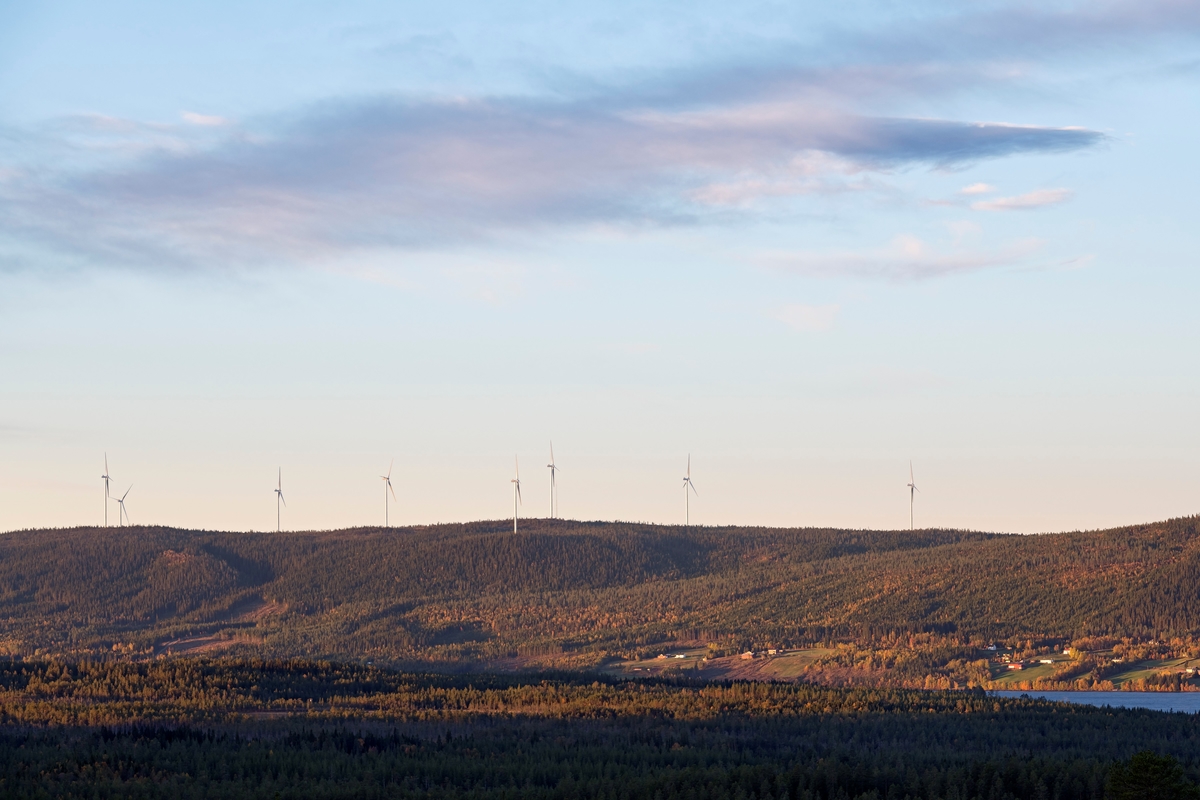 Fra «Austri Raskiftet» – en energiproduserende vindmøllepark på høydedragene vest for Osensjøen i Hedmark – fotografert fra Baksjøbergvegen på østsida av innsjøen mot Ulvsjøberget og Halvorsberget på vestsida en septembermorgen i 2018.  Bildet viser åtte av vindmøllene, slik de tegner seg mot horisonten på lang avstand.  Det er Stadtwerke München (60 %), Eidsiva Energi (20 %) og Gudbrandsdal Energi (20 %) som investerer i dette utbyggingsprosjektet, men det praktiske utbyggingsarbeidet administreres av det svenske vindkraftselskapet OX2.  Prosjektet berører et areal cirka 27 kvadratmeter i skoglandskapet i grensetraktene mellom Åmot og Trysil kommuner, og vindmøllene plasseres høyt i terrenget, på Raskiftet, Ulvsjøberget og Halvorsberget, omkring 800 meter over havet.  Anleggsarbeidet startet i august 2016, og vindmøllene skal levere energi fra vinteren 2018-2019.  Dersom kalkylene stemmer, vil produksjonen bli cirka 340 GWh per år.  Investeringsbudsjettet er på 1 400 millioner kroner, hvorav cirka to tredeler er avsatt til bygging av 37 vindturbiner med navhøyde på 112 meter og rotordiameter 112 meter. Rotorene vil altså nå opptil 175 meter over bakkenivå.  I forbindelse med prosjektet bygges cirka 30 kilometer med anleggsveger i området.  Dette er det største byggeprosjektet og det visuelt mest iøynefallende prosjektet som noen gang har vært gjennomført i Trysil kommune.  Inngrepene i skoglandskapet har vakt debatt.  Ordførerne i de to vertskommunene har poengtert at vindmøllene skal produsere fornybar energi, at den vil gi lokale arbeidsplasser og inntekter til kommunekassene.  De kontraktfestete kraftinntektene blir på mellom 10 og 11 millioner, og fordeles med en tredel på Åmot og to tredeler på Trysil.  Konsesjon for dette vindkraftverket ble innvilget sommeren 2015, i første omgang for 25 år. Raskiftet Vindkraftverk. Vindpark.