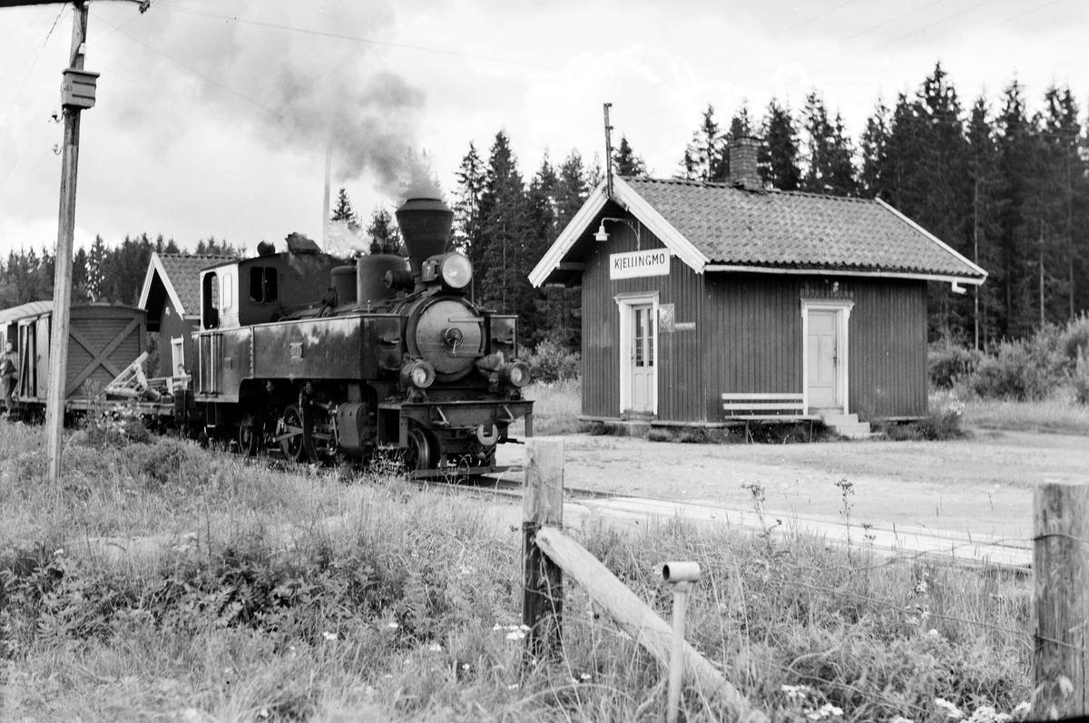 Damplokomotiv type XXIXb nr. 7 Prydz med oppsamlingstog etter Aurskog-Hølandbanens nedleggelse, her på Killingmo stasjon.