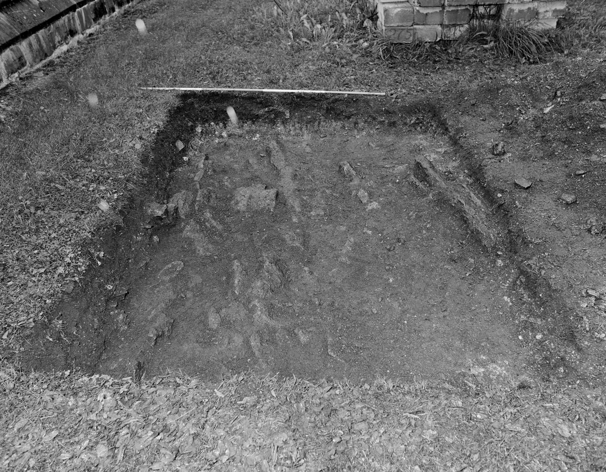 Utgravinger, arkeologi ved Hamar Domkirkeruin, Alf Tore Hommedal. Prøvefelt 3, sett fra øst, underutgraving.