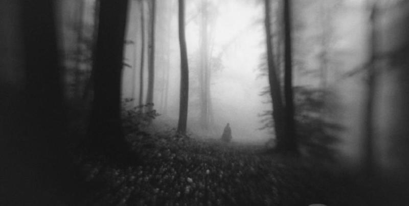 Bildet viser en person gående gjennom en mørk tåkefull skog