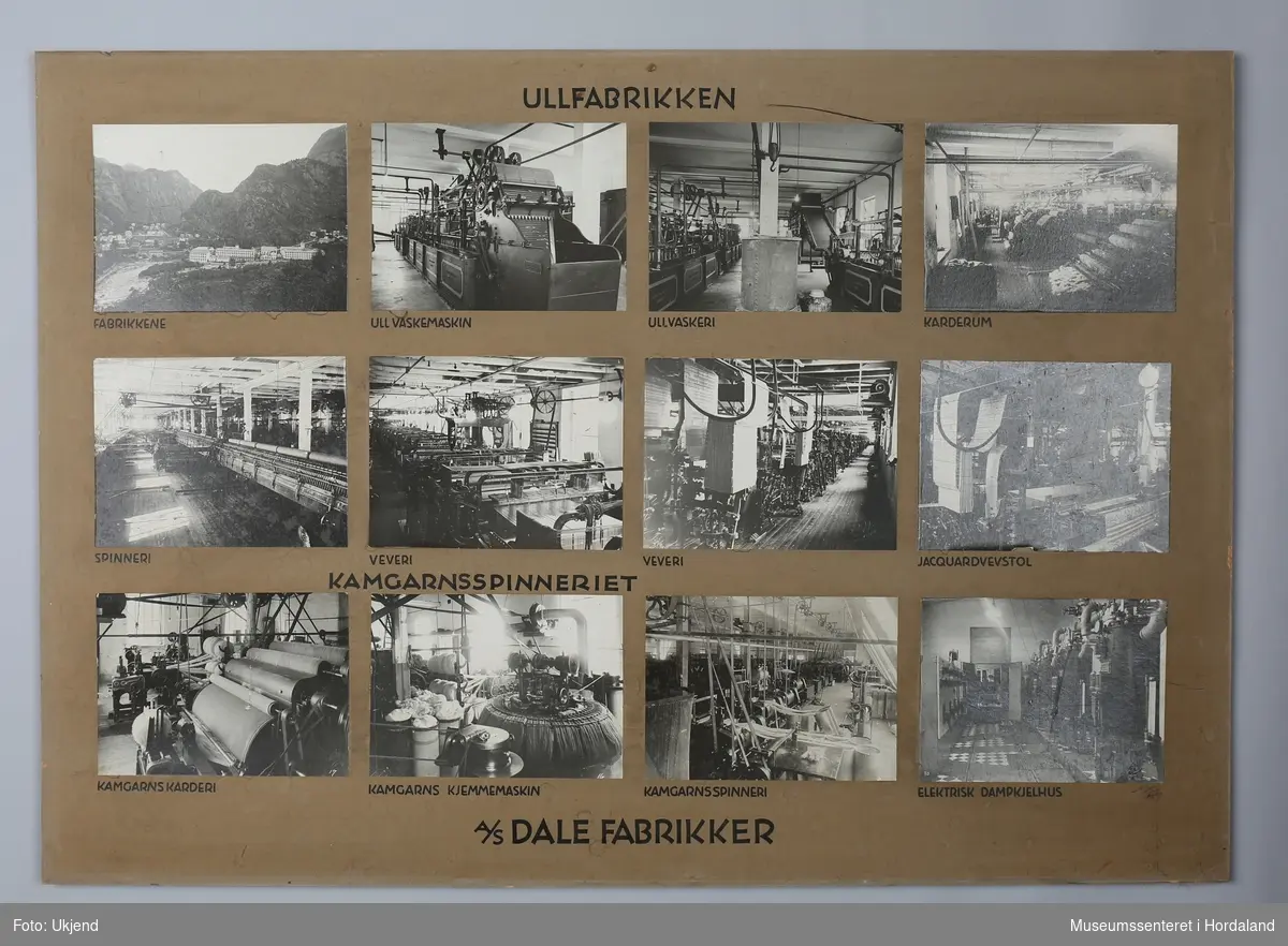 Fotomontasje frå produksjonen ved ullvarefabrikken, Dale Fabrikker i Vaksdal.