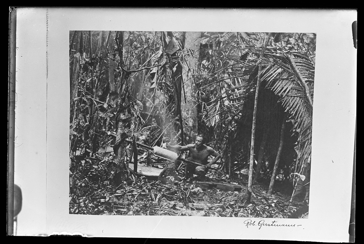 En man sitter på huk i ett djungelliknande landskap. I handen håller han ett träredskap. Bilden är signerad Rob. Gerstmann. I Harald Olssons anteckningar står det "27 rep. för Folke Olsson".