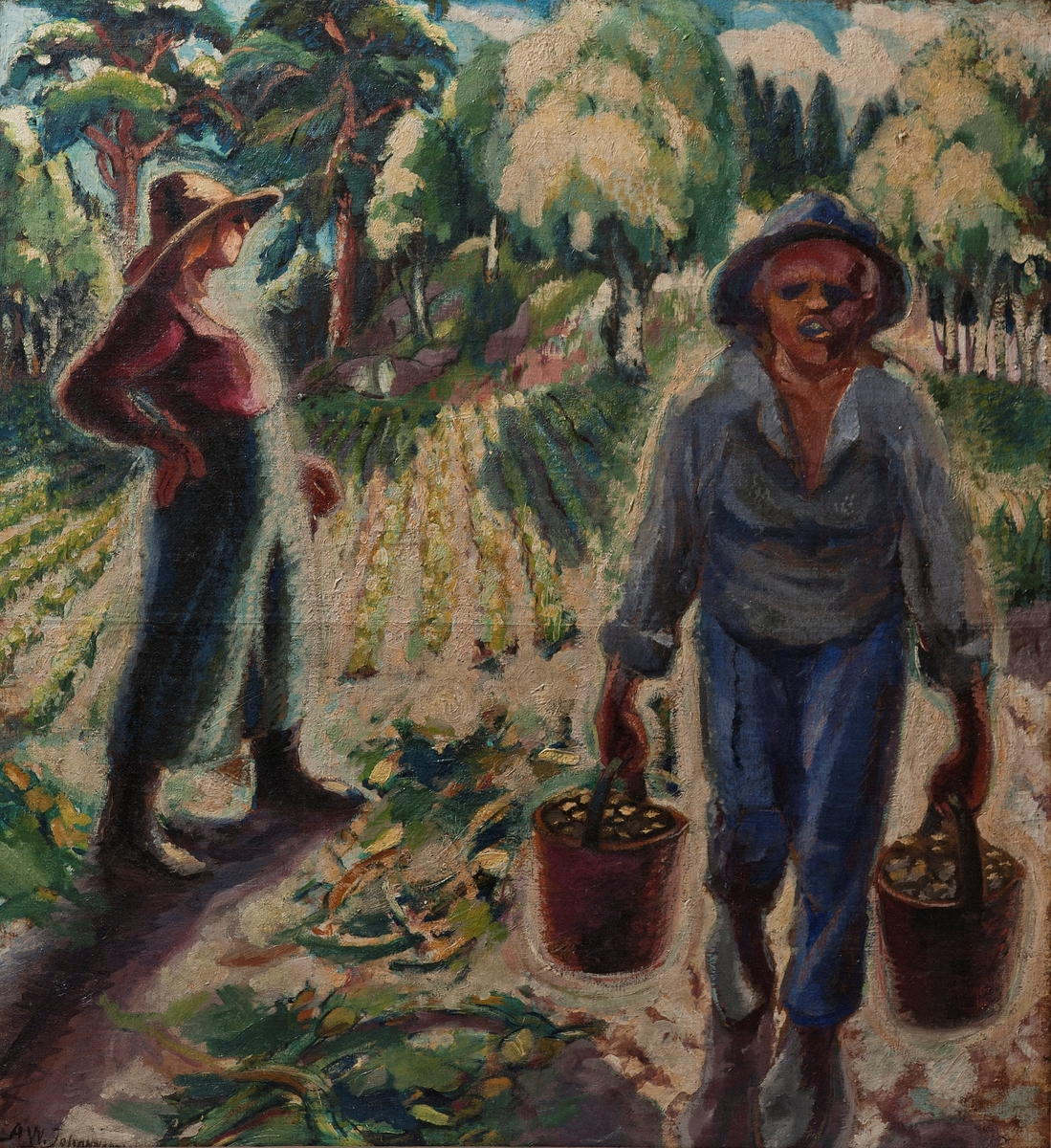To arbeidere på et jorde. En av personene bærer to spann fulle av poteter.