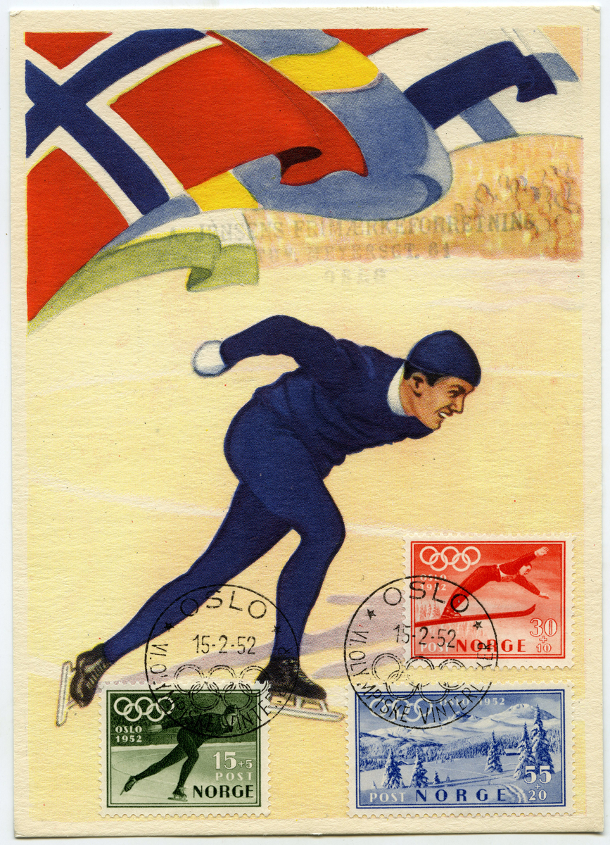 Tre frimerker på postkort med tegning av en skøyteløper (Hjalmar "Hjallis" Andersen). Det norske flagget med flere andre flagg i bakgrunnen vises i øverste venstre hjørne. De tre frimerker (et grønt med tegning av en skøyteløper, et rødt med skihopper og et blått med fjell- og vinterlandskap) er plassert nederst i høyre hjørne. Frimerkene er stemplet den 15.2.1952.