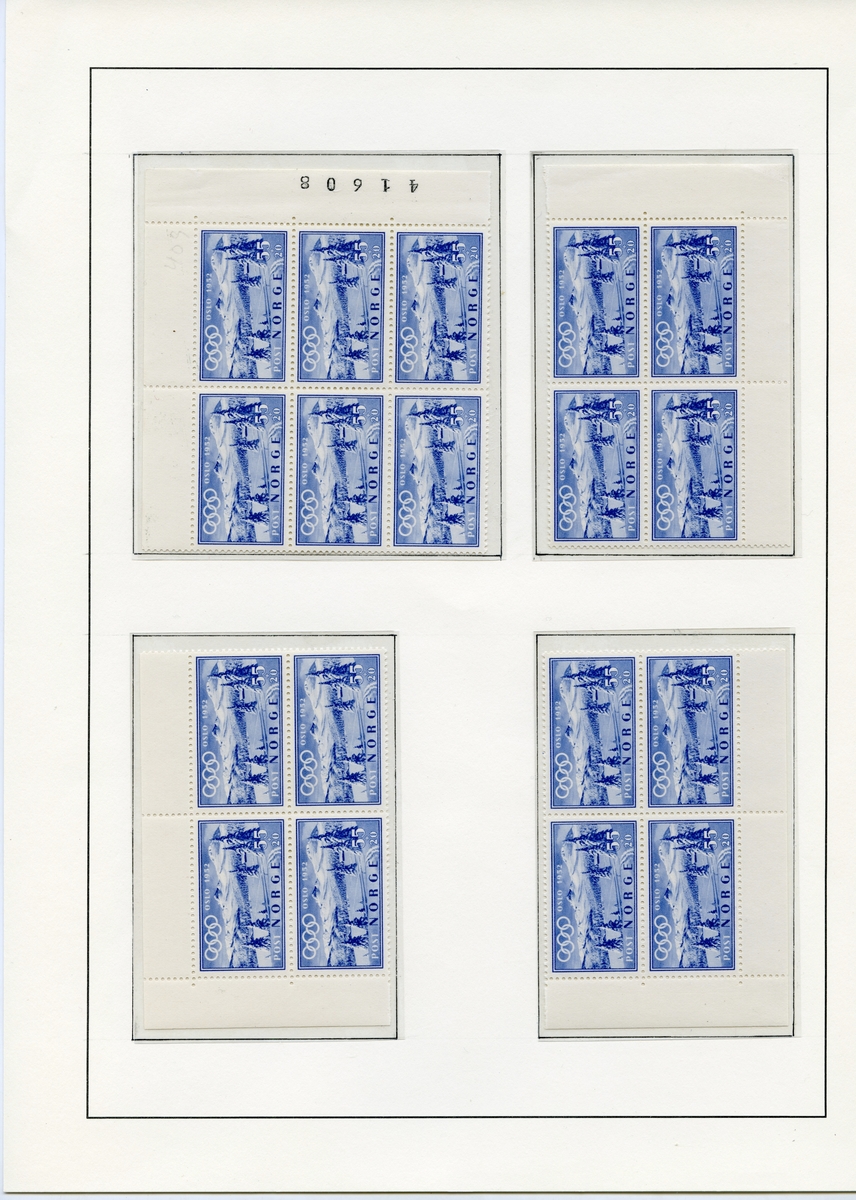 Albumside med 18 blå frimerker (tre blokker med fire frimerker og en blokk med seks frimerker). Alle har med de olympiske ringer i hvitt, og bilde av fjell- og vinterlandskap.