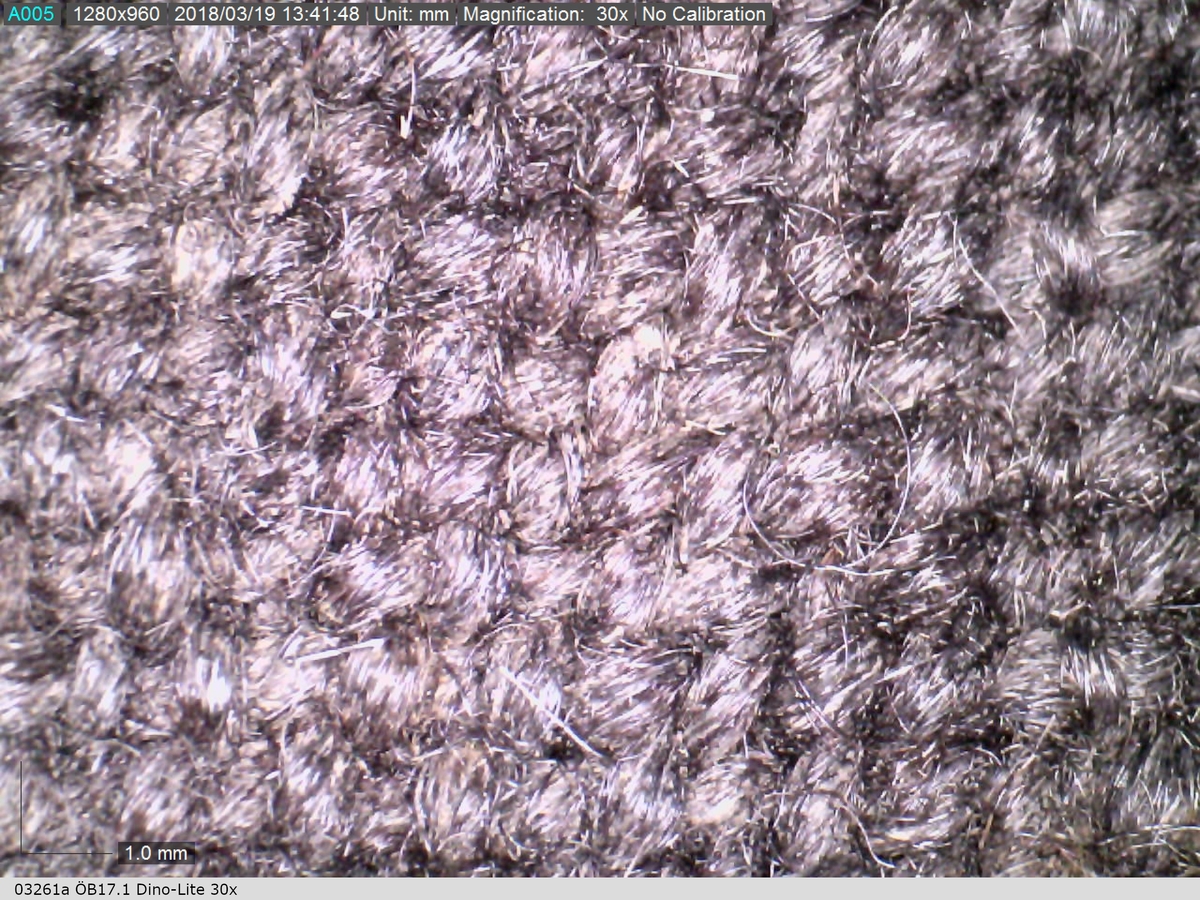 Fyndnumret innehåller fjorton stycken textilfragment som kommer från tre olika textilier. Samtliga textilier är tillverkade av ull, två är vävda och en är filtad. Flera av fragmenten är delar av en överdel/tröja.
.
Textildokumentation 2018:
Textil, fyndnumret består av 14 st fragment uppdelade på 03261a-d
Kontextgrupp ÖB17 (övriga fyndnummer i gruppen: 27903)
Relaterade fynd: Kontextgrupp ÖB18 och ÖB20.
.
Fnr 03261a Typnr ÖB17.1:3-7 
Sammanfattning - Fem stycken textilfragment av ull vävt i tuskaft. Färgen är mörkbrun men ser i mikroskop bitvis röd ut. Textilien har lugg på båda sidor och är antingen valkad eller ruggad och överskuren. Väven är jämn och tät men garnet varierar i grovlek. Fragmenten ser ut att komma från en tröja med skört. Det finns små runda märken på ytan. Andra delar: 03261d, 09014b, 09014h, 09228a. 
Fragment ÖB17.1:3 - Fragmentet har tre tillskurna kanter med avtryck och hål efter sömmar (söm 1: kastsöm - kantsöm: söm 2: efterstygn, förstyg eller kvicksöm - sammanfogande: söm 3: ev smygsöm - sammanfogande: söm 4: ev fällsöm, krejstygn eller förstygn - fåll). Fjärde kanten är söndertrasad. Av formen att döma ser fragmentet ut att vara ett skört (eventuellt mitt bak) till en tröja. Lugg finns bevarad i sömsmånerna. I mikroskop syns på ytan löst liggande trasiga linfibrer, samt silkesfibrer i flera färger. Ytan på båda sidor har flera avtryck, både rostfärgade linjer, mörkare roströda fläckar och beigevita fläckar. 
Fragment ÖB17.1:4 - Fragmentet har rester av två tillskurna kanter med stygnhål (söm 1: okänt, söm 2: kvicksöm, förstygn eller efterstygn). Lugg finns bevarad i sömsmånerna. De två andra kanterna kan även de vara rester av tillskurna kanter men där sömsmånerna brustit i sömmen eller vikningen och försvunnit. I mikroskop syns på ytan löst liggande trasiga linfibrer, samt silkesfibrer i flera färger. På en del av fragmentet finns rester av metall och i en linje från denna, på skrådden jämfört med trådraken, har tyget brustit i en rak linje. På ytan finns mörka roströda fläckar och beigvita fläckar. 
Fragment ÖB17.1:5 - Fragmentet har en tillskuren kant med stygnhål (söm 1 och söm 2: förstygn, efterstygn eller kvicksöm - sammanfogande), formen är konvex och kan vara en del av en ärmkulle eller axelkarm. Ytan har beigevita fläckar och lite rost.
Fragment ÖB17.1:6 - Fragmentet har en tillskuren kant med stygnhål (söm 1: förstygn, efterstygn eller kvicksöm). Fragmentet kan möjligen vara en del av en ärm, den tillskurna kanten kan av skärningen att döma vara en del av ärmsömmen. Luggen är bevarad i sömsmånen. Ytan har stora beigevita fläckar.
Fragment ÖB.1:7 - Fragment utan tillskurna kanter eller stygnhål. Ytan har flera rostfärgade och och en beigevit fläck/fläckar.
.
Fnr 03261b Typnr ÖB17.2:1-3 
Sammanfattning - Tre stycken textilfragment av ull vävt i tuskaft. Textilien har ytbehandling kvar på båda sidor men mest på sida B (se länkade dokument), det är antingen valkat eller ruggat och överskuret. Luggen är mycket kort och tät, bottenväven är ej synlig där luggen är bevarad. Väven är tät, jämn, tunn och följsam. Garnet är jämt spunnet, och tunnare i trs 1 än i trs 2. Skärningarna på fragmenten tyder på att de kommer från en överdel/tröja. Sömmarna har samma karaktär som sömmarna på fnr. 27903 typnr. ÖB17.2:5 från samma kontextgrupp. På fragmentens ytor återfinns silkesfibrer i rött, blått och vitt, dessa syns i lupp och mikroskop. Ytan har mängder av små hål och avtryck. Andra delar: 03261c, 27903. 
Fragment ÖB17.2:1 - Fragmentet har två tillskurna kanter med avtryck och hål efter sömmar, sömsmånerna är 2-3 mm breda. Rester av lintråd finns i en av sömmarna (söm 1 och 2: eventuellt efterstygn - ev sammanfogande, söm 3: eventuellt dekor). Kan vara delar av en axelskärning och ett ärmhål, dock osäkert. Fragmentets yta har mängder av små hål och avtryck. 13 mm in från ena kanten finns ett litet, 2 mm långt, stygn bevarat med tvåtrådigt ullgarn som är rödorange till färgen. Fibrerna i garnet är tunna och jämna med hög glans. Kan vara rester av ett broderigarn. Fragmentet har rostfärgade och beigevita fläckar.
Fragment ÖB17.2:2 - På fragmentet finns en liten rest av en blå z-spunnen silkestråd. Trådresten är liten och trasig men både färg och spinnriktning syns tydligt både i lupp och mikroskop. I övrigt innehåller inte fragmentet ÖB17.2:2 eller ÖB17.2:3 någon ytterligare information, det går inte att se var fragmenten suttit på tröjan.
.
Fnr 03261c Typnr ÖB17.3:1 
Sammanfattning - Ett fragment av filtad ull. Färgen är mörkbrun men i mikroskop syns flera olika färger på ullfibrerna, vilket tyder på att det kan vara naturfärgad ull. Fragmentet har inga originalkanter bevarade, det finns inga rester av sömmar eller stygn. I fragmentet finns ett hål med trasiga kanter, det går inte att avgöra om det ursprungligen varit ett avsiktligt hål eller om det är en senare skada. Ena sidans yta har några roströda och vita fläckar. På kanten av fragmentet har tre mycket små fragment av en annan textil fastnat. Se fnr 03261c typnr ÖB17.2:4. Andra delar: inga. Relaterade fynd: 03261a och b, 03261c typ2.
.
Fnr 03261c Typnr ÖB17.2:4 
Sammanfattning - Tre mycket små fragment (ej individuellt numrerade) vävda i tuskaft. Dessa har fastnat på kanten av ett filtat fragment, fnr 03261c typnr ÖB17.3:1, men sitter inte fast med sömmar och hör antagligen till någon intilliggande textil. Trådarna är jämna och tunna och ytan är "ruffsig", även om fragmenten är för små och dåligt bevarade för att kunna avgöra en eventuell ytbehandling. I mikroskop ser textilien ut att ha falska kypertränder. Fragmenten är mörkbruna, det största fragmentet har en ljusare fläck mitt på. Möjligen är det samma textil som fnr 03261b och 27903. Relaterade fynd: 03261a och b, 03261c typ1.
.
Fnr 03261d Typnr ÖB17.1:1-2
Sammanfattning - Två stycken textilfragment av ull vävt i tuskaft. Färgen är mörkbrun men ser i mikroskop bitvis röd/rödbrun ut. Textilien har haft lugg på båda sidor och är antingen valkad eller ruggad och överskuren, nu finns luggen kvar i sömsmånerna. Det större fragmentet har tre tillskurna kanter, skärningarna visar att det är ryggstycke till en tröja. Övre delen av ryggstycket är fragmentariskt så halsringning och axelskärning saknas. Samtliga tre tillskurna kanter har spår efter sömmar, stygnhålen är bitvis mycket små och svåra att se. Fragmentariska bitar av lintråd finns bevarat (söm 1: okänt, söm 2: efterstygn - sammanfogande: söm 3: stofférstygn - fälld sömsmån, söm 4: kaststygn eller stofférstygn - fälld sömsmån eller kantsöm, söm 5: troligen efterstygn - sammanfogande: söm 6: okänt, söm 7: troligen efterstygn - sammanfogande). I mikroskop syns på ytan löst liggande trasiga linfibrer, samt silkesfibrer i gult, blått, grönt, blågrönt/turkost, vitt, rött, rosa och lila. Fragmentet har flera större och mindre hål och bristingar, samt ett större 6-kantigt hål. Ytan har flera rostfärgade och beigevita avtryck. De rostfärgade är på flera ställer i formen av fina linjer. Det mindre fragmentet innehåller ingen ytterligare information. Andra delar: 03261a och 09014b i kontextgrupp ÖB20. Relaterade fynd: 03261b och c, 27903.
.
(Dokumenterad inom Projekt dräkt, 2018)