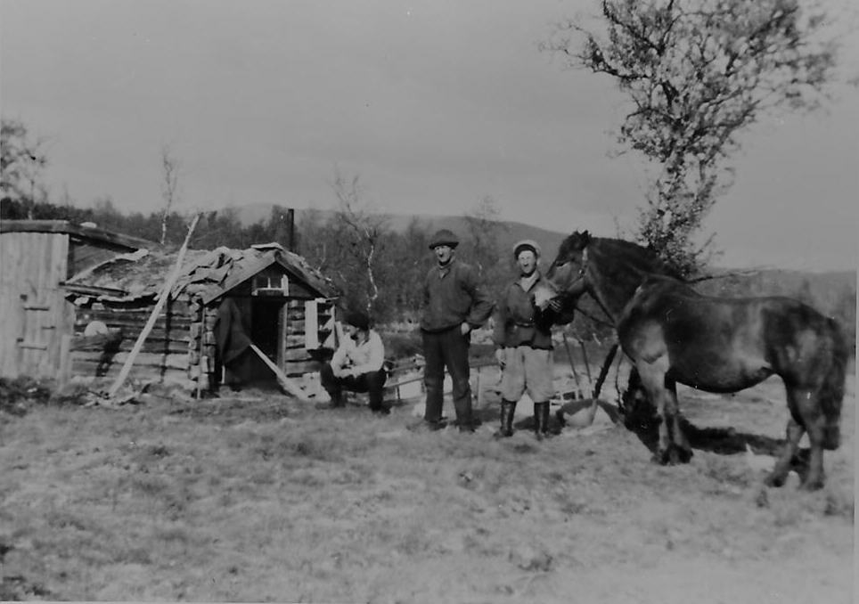 Folk og hest ved måssåhuset i Grimsdalen, 1940-åra. 