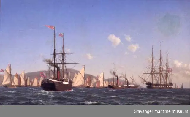Stavavanger-regattaen 1868, motiv fra starten utenfor Tungenes. De konkurrerende bruksbåtene venter på startsskuddet. På flere dampskip og et seilskip som følger regattaen er dekkene fullpakket med tilskurere. I forgrunnen dampskipet "Stavanger", lenger bak hjuldamper en"Ryfylke".