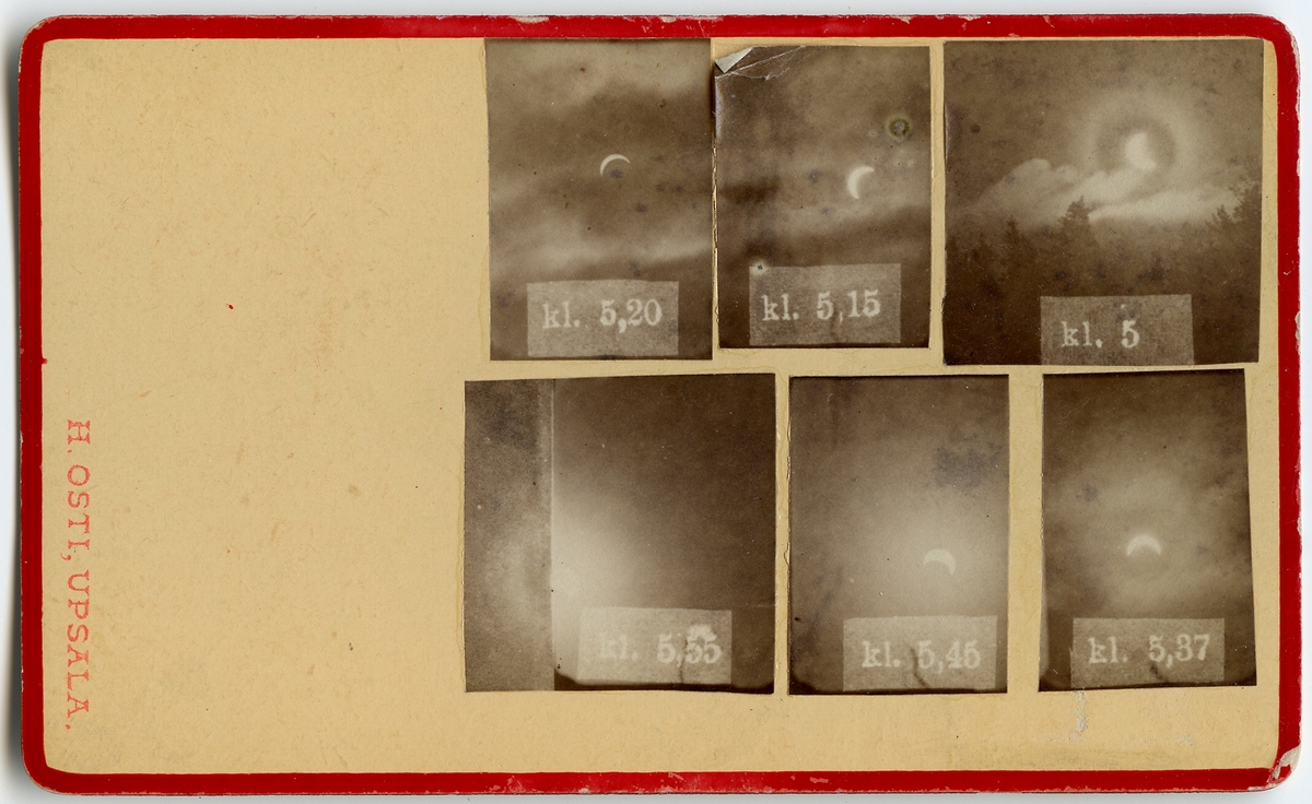 Solförmörkelse. Sex olika faser mellan klockan 5 till 5.55, Uppsala 19 augusti 1887