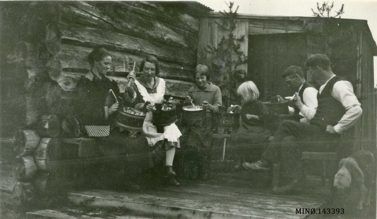 Gruppebilde. Gravøl etter Lars Furuhovde (1858-1926). 
Fra venstre: Mari Furuhovde, Ingebjørg Eide, Maria O. Furuhovde(gift Moseng), Klara O. Furuhovde (gift Oddløkken), Torstein L. Furuhovde (f. 1887) og Melkior L. Furuhovde (f. 1897)