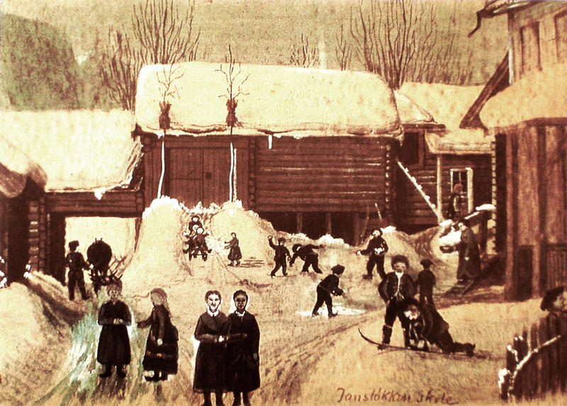 Jansløkka skole med de gamle gårdshusene. Malt i 1884 av Otto Valstad. skolebygningen til høyre. Skaugumsåsen i bakgrunnen (Foto/Photo)
