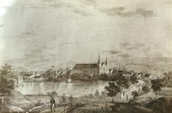 Litografi av Breiavannet mot Domkirken