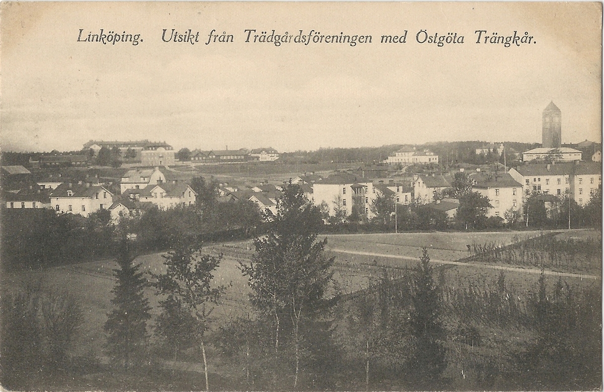 Vykort från Trädgårdsföreningen i Linköping.
Östgöta Trängkår, Trädgårdsföreningen, Belvederen,gamla Vattentornet, T1, Trängen, 
Poststämplat 1913