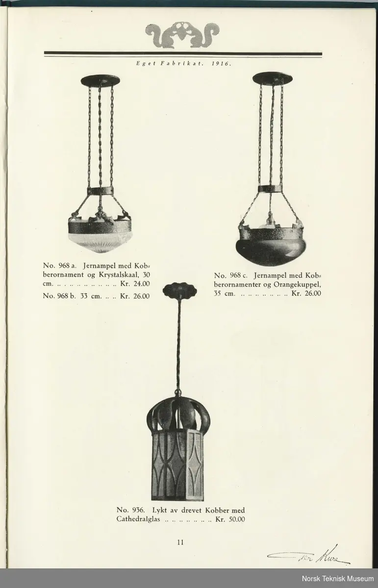 Lamper, "Katalog over elektrisk Utstyr av eget Fabrikat", brosjyre fra Per Kure, 1916