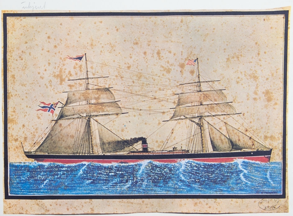 Kopi av akvarell av ukjent dampskip. Skipet sees under fart med seilføring. Norsk handelsflagg med svensk-norsk unionsmerke (sildesalaten) i akter samt amerikansk flagg i formasten.