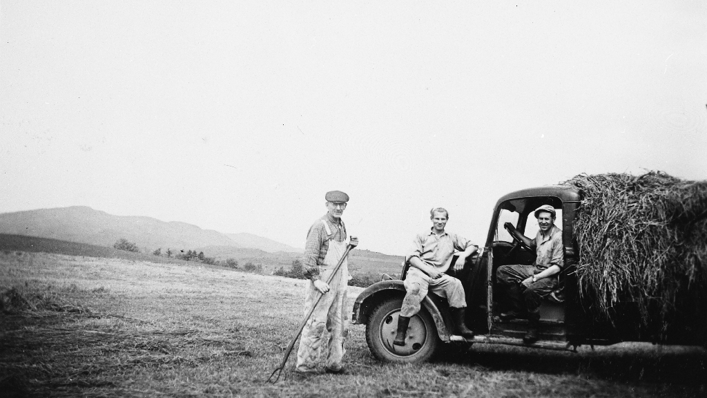 Høying med lastebil før dei fekk traktor. F. v. Johannes Lende, Jon Torvund (dreng) og Ola Lende ved rattet.