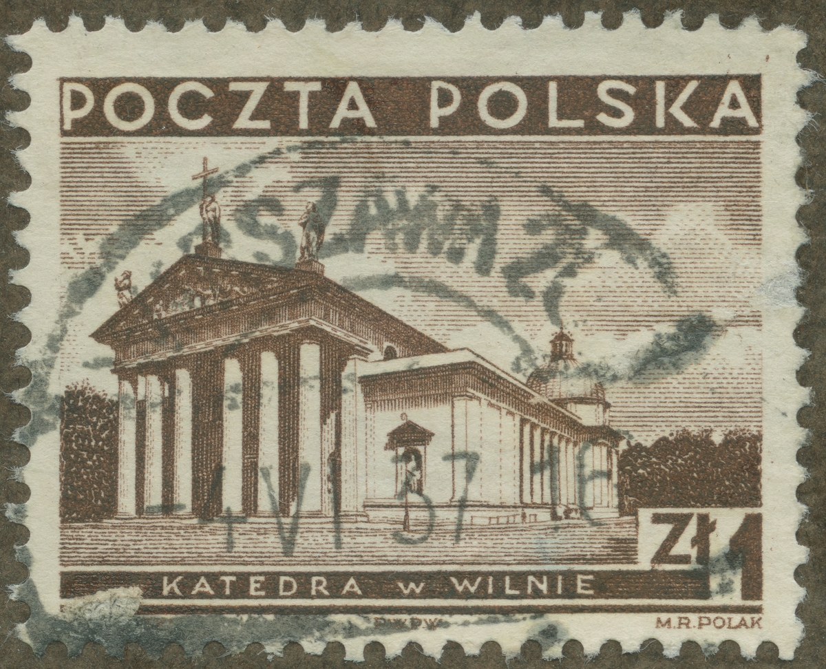 Frimärke ur Gösta Bodmans filatelistiska motivsamling, påbörjad 1950.
Frimärke från Polen, 1935. Motiv av katedralen i Vilna.