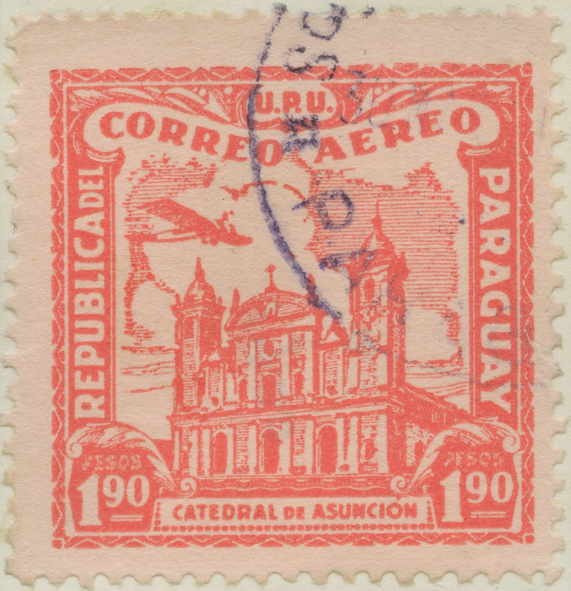 Frimärke ur Gösta Bodmans filatelistiska motivsamling, påbörjad 1950.
Frimärke från Paraguay, 1930. Motiv av katedralen Asunción.