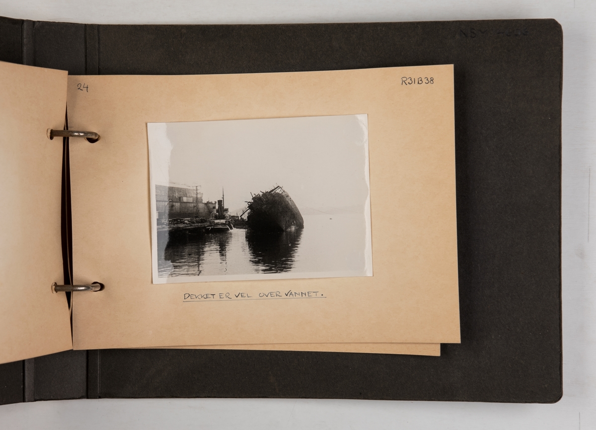 Album med fotografier fra hevingen og opprettingen av M/S 'Troma' i 1946.