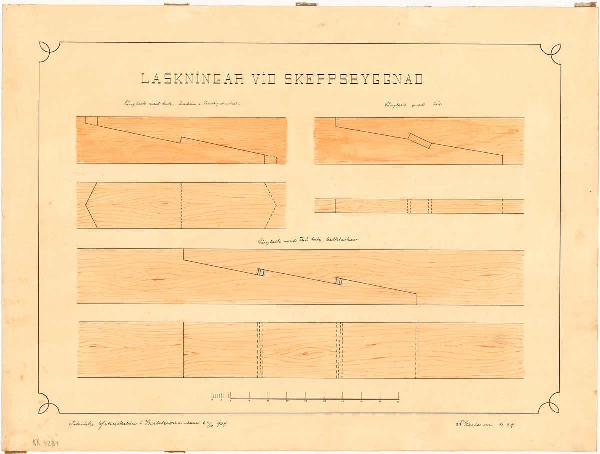 Kulört ritning som visar olika typer av förbindelser mellan träbjälkar i skeppsbyggnaden, så kallad laskning. Ritningen utfördes som elevarbete i Tekniska yrkesskola i Karlskrona.