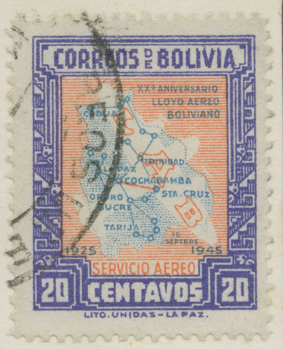 Frimärke ur Gösta Bodmans filatelistiska motivsamling, påbörjad 1950.
Frimärke från Bolivia, 1945. Motiv av karta över Bolivias flyglinjer. "20-årsminne av flygbolaget "Lloyd Aéreo Bolivianos" grundande 1925-1945".