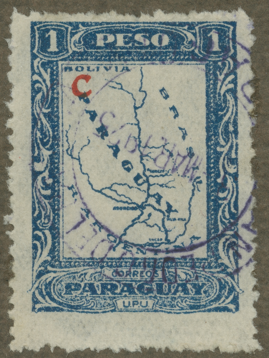 Frimärke ur Gösta Bodmans filatelistiska motivsamling, påbörjad 1950.
Frimärke från Paraguay, 1924. Motiv av karta med Paraguay, Bolivia och Brasilien.