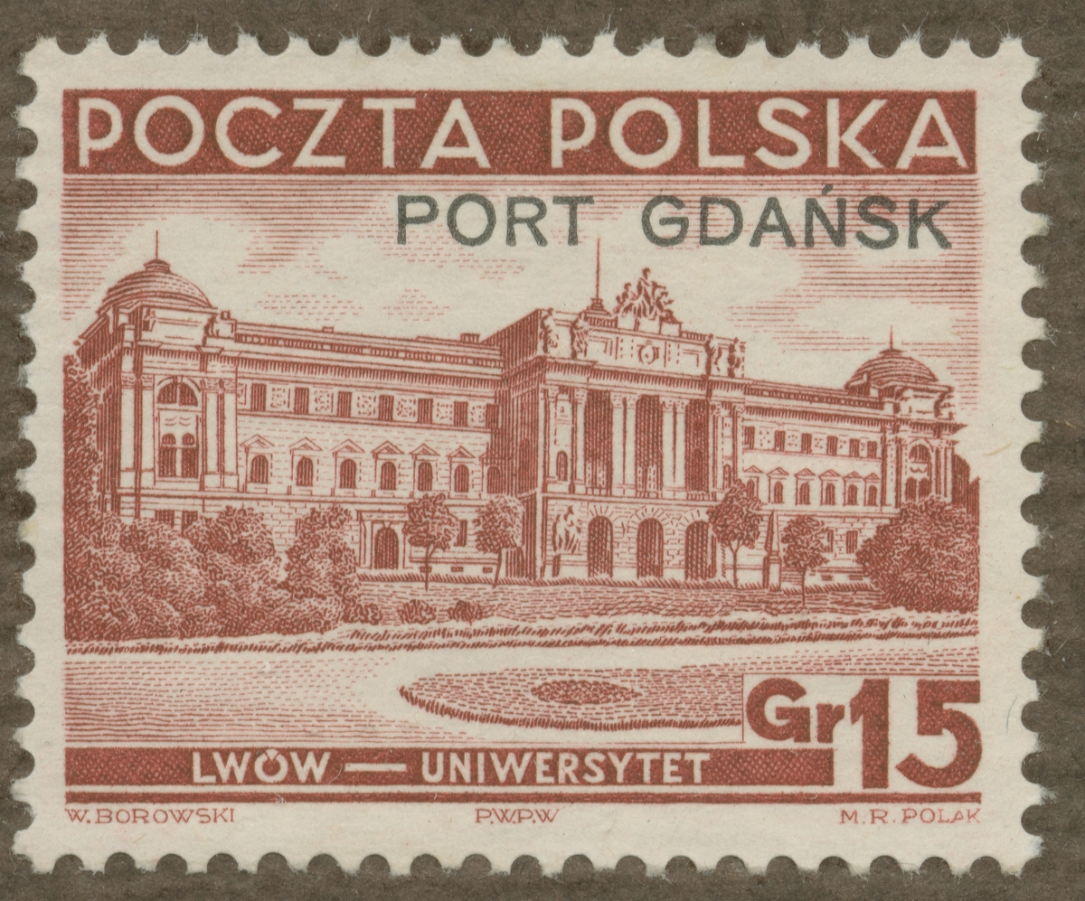 Frimärke ur Gösta Bodmans filatelistiska motivsamling, påbörjad 1950.
Frimärke från Polen, 1937. Motiv av Universitetsbyggnaden i Lwow.