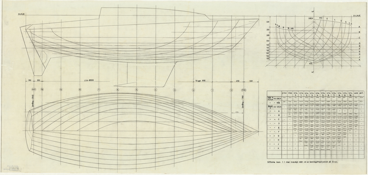 Segelbåt, Compis prototyp, linjeritning i plan och profil med spantruta
Längd (meter): 8,5
Bredd (meter): 1,38