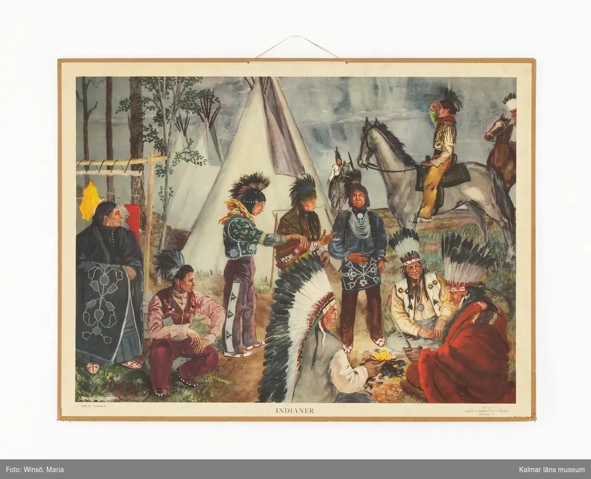 Motivet föreställer en miljö med indianer, tält, eld och hästar.