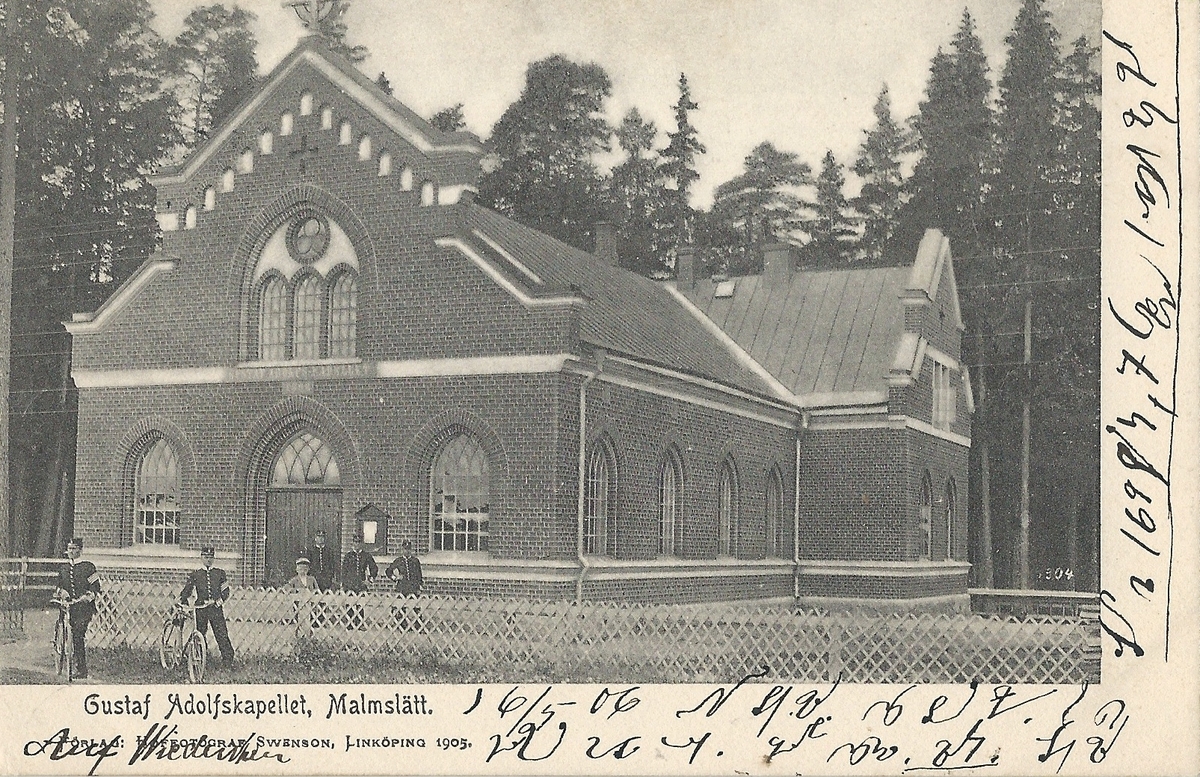Vykort Bild från Gustaf Adolfs kapellet i Malmslätt utanför Linköping.
kapell, kyrka,  Malmslätt,  
Poststämplat 16 maj 1906
Hoffotograf SW. Swensson Linköping