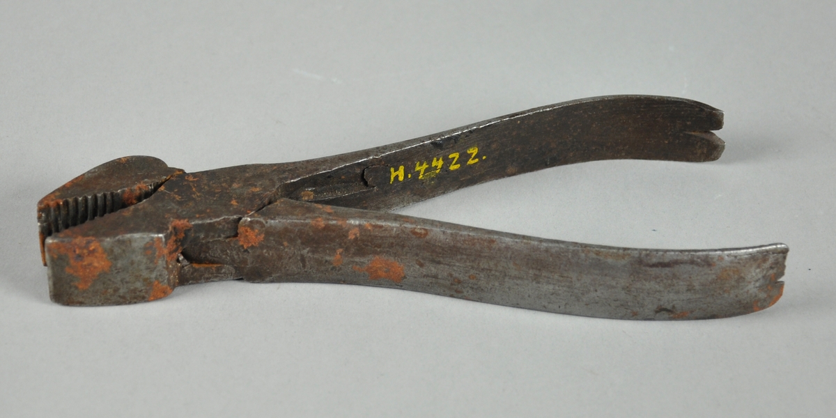 Tang av jern satt sammen av to deler. Håndtakene er buede, og begge gripetakene på tangen har riller.