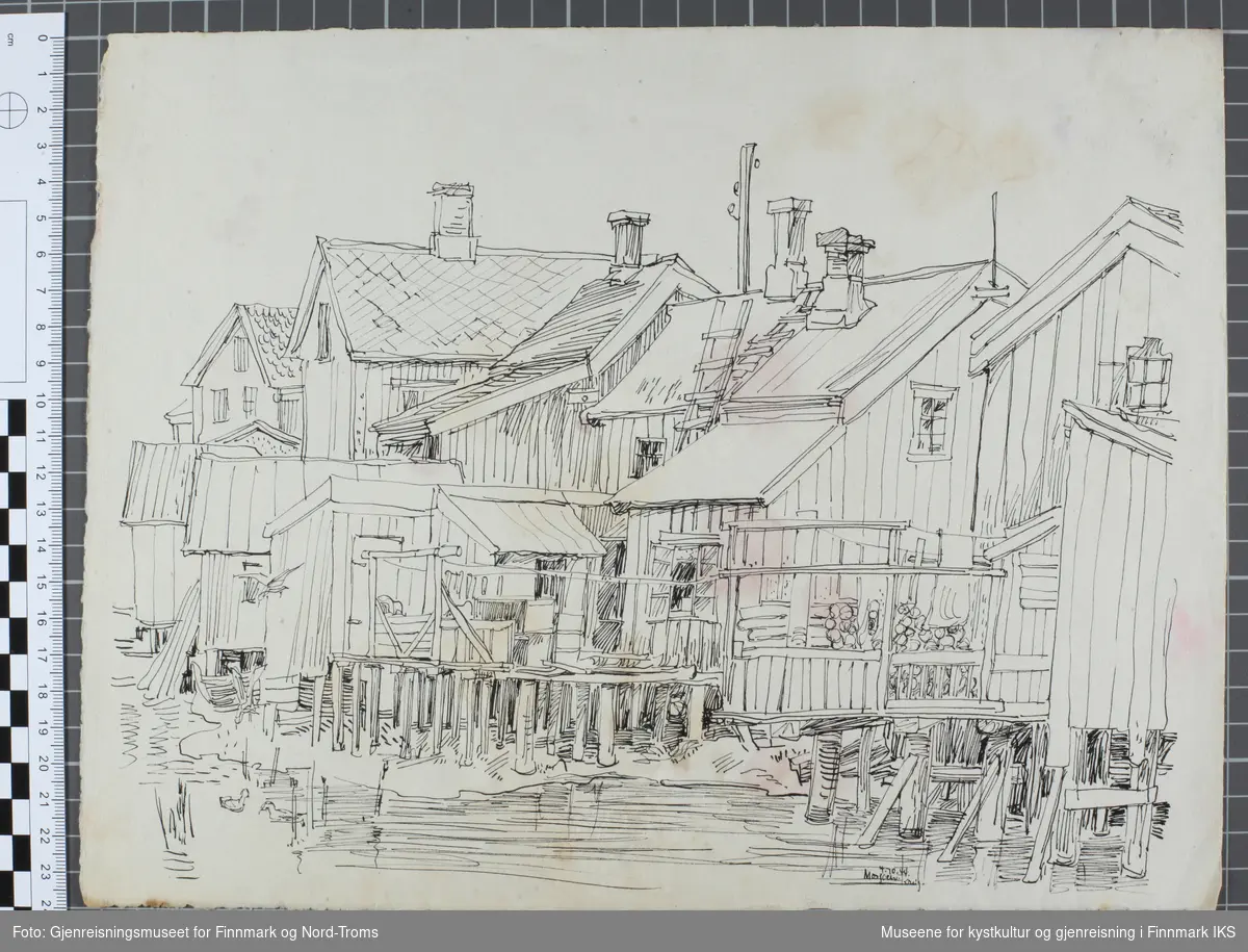 Tegningen viser trolig bygninger ved kai i Mosjøen.
