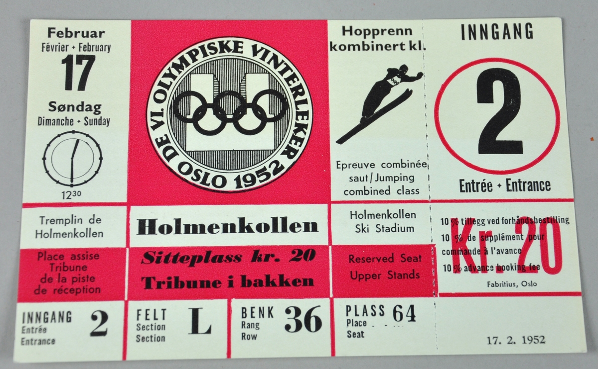 Billett til hopprenn kombinert under vinter-OL i Oslo 1952