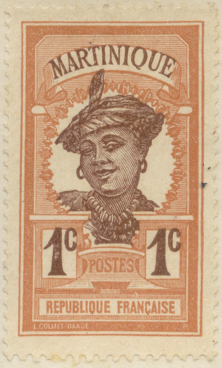 Frimärke ur Gösta Bodmans filatelistiska motivsamling, påbörjad 1950.
Frimärke från Martinique, 1908. Motiv av kvinna med halsprydnader.