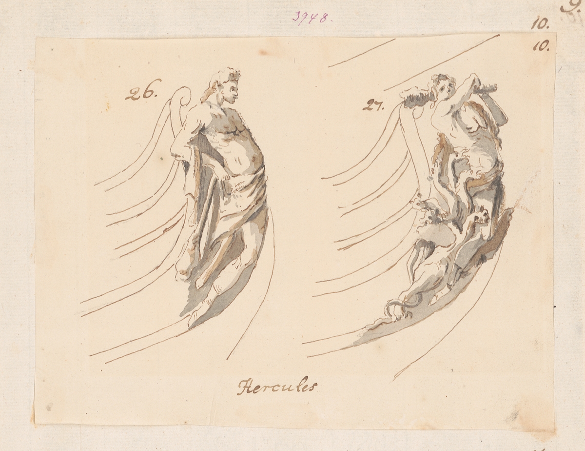 Galjonsbilder. Två varianter av Herkulesfigurer, en med klubba och lejon (fig. 26), en utan (fig. 27).
