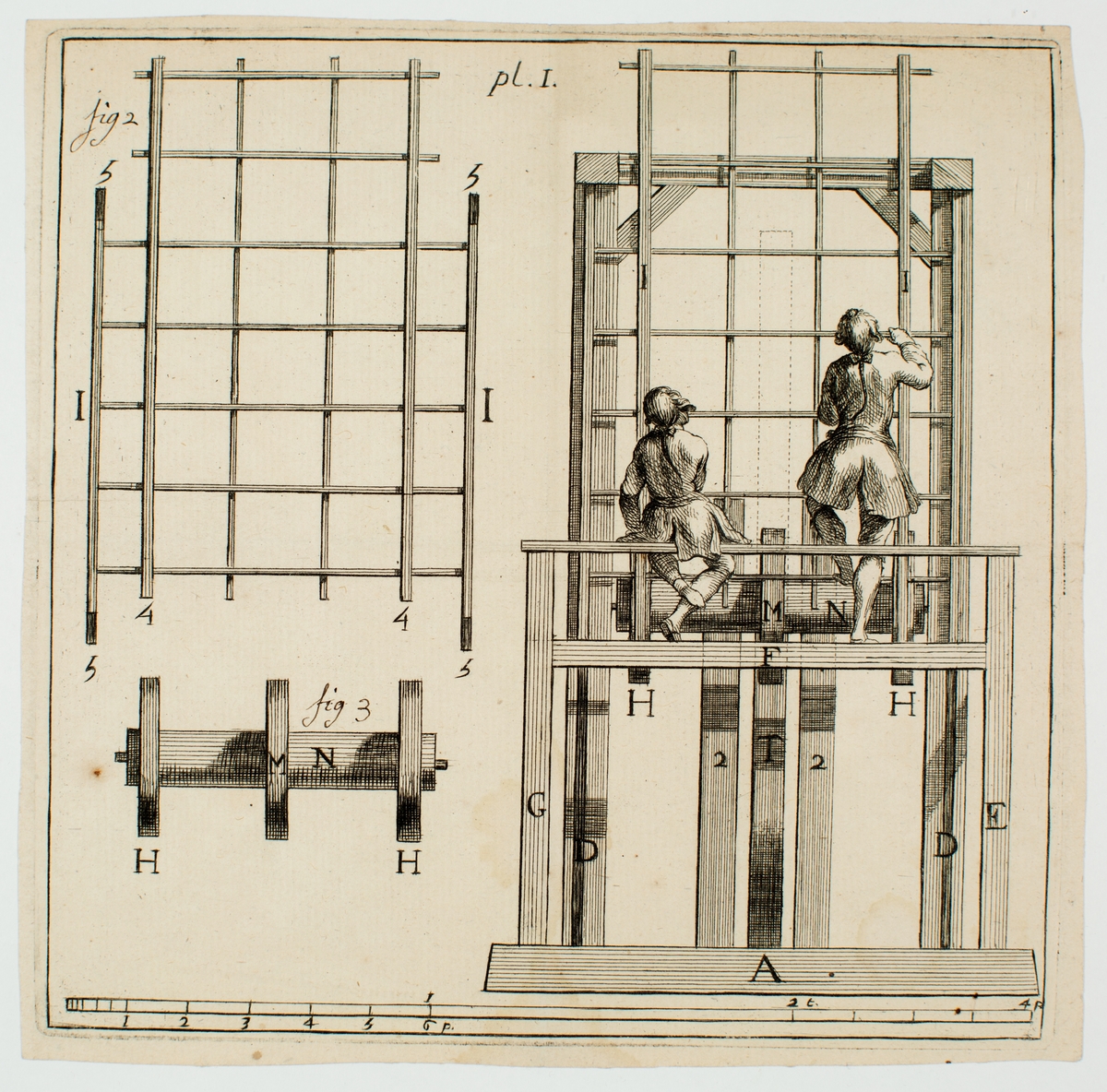 Ritning. Fransk maskin för uppsättning av fönster. Ur Carl Johan Cronstedts samling.