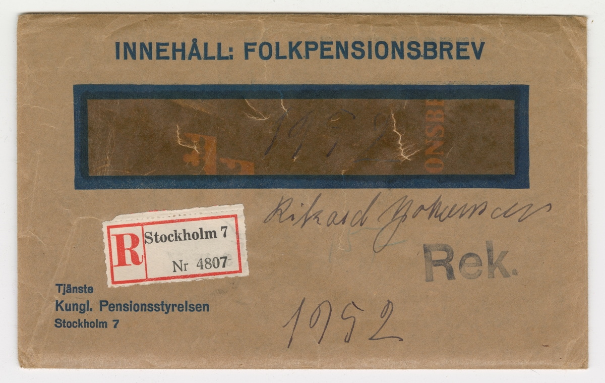 Pensionsbrev för Johan Rickard Johansson i Nunntorp i Brålanda år 1952.