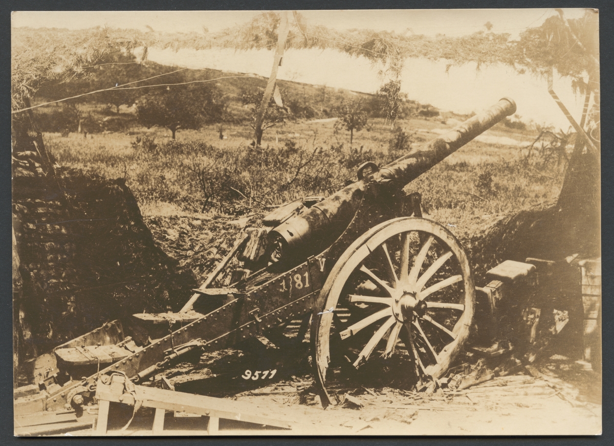Bilden visar en sönderskjuten artilleripjäs i en maskerad artillriställning.