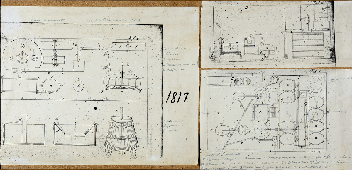 Brennevinsapparat, Tjerne gård 1848. Fotokopi av håndtegnet tegning. Montasje med noen kommentarer av tidlgiere disponent Gulbrand Gjestvang. 