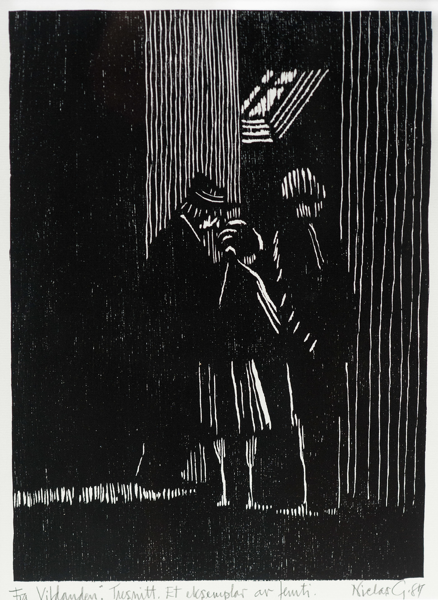 Motiv hentet fra Henrik Ibsens skuespill "Vildanden". Tre personer avbildet på mørkeloftet. 